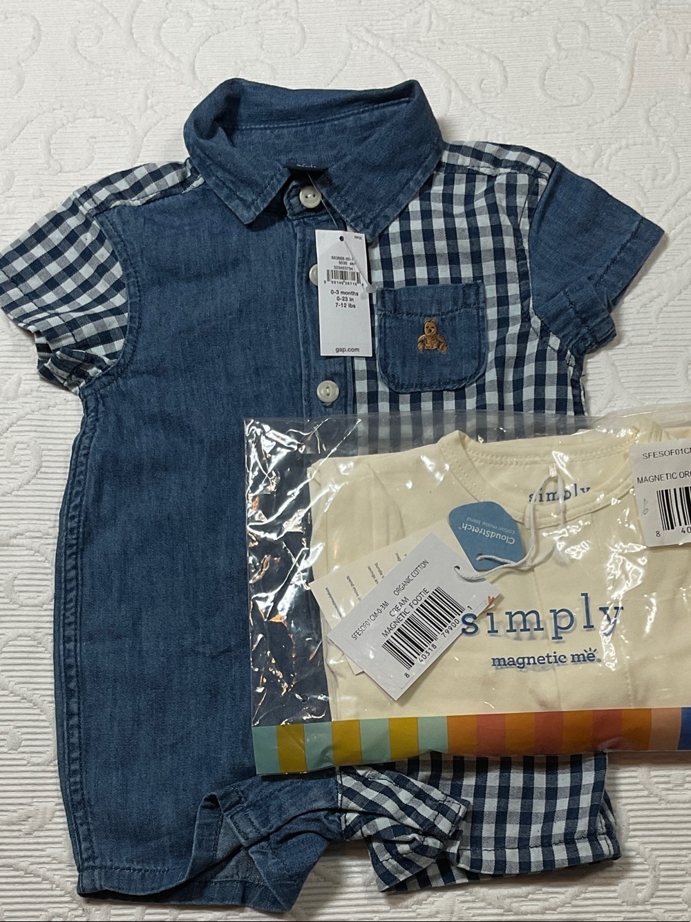 Magnetic Me Blue Denim & Navy Gingham Baby Footie